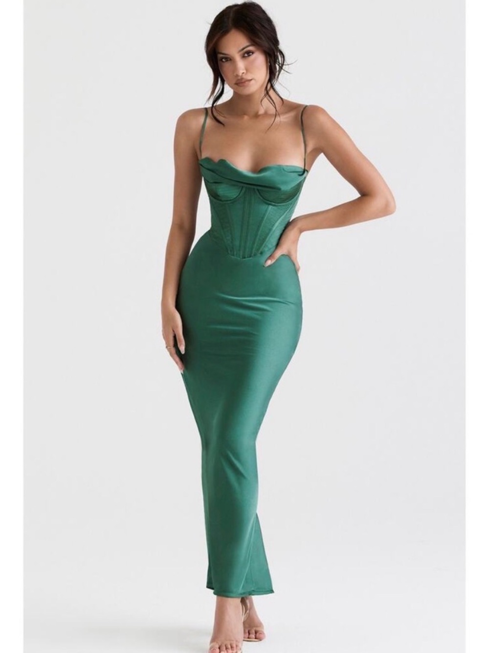 NWOT House of CB Emerald Satin Corset Maxi Dress
